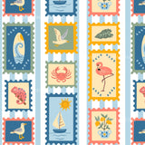 The image is a repeating pattern of various colorful postage stamps featuring different sea-themed illustrations, such as a seagull, a flamingo, a crab, a sailboat, and a fish.