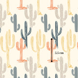 a repeating pattern of stylized cacti in various shades of orange, blue, and gray against a light background.