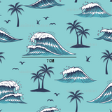 a blue background with palm trees and a wave