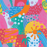 a colorful painting of a beach scene with a pink flamingo