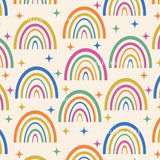 a repeating pattern of colorful rainbows and stars on a light background.