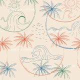 The image is a repeating pattern of various tropical elements, including palm trees, waves, and suns, all rendered in a stylized, hand-drawn manner.