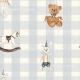 a variety of stuffed animals, including a teddy bear, a horse, a rabbit, and a clown, all set against a blue and white checkered background.