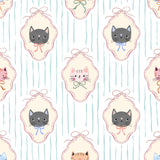 The image is a repeating pattern of framed cat illustrations, each with a bow around its neck, set against a striped background.