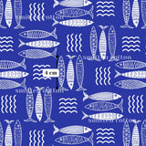 a repeating pattern of stylized fish and waves in shades of blue and white.
