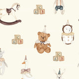 a variety of toys, including a rocking horse, a teddy bear, a duck, a rabbit, and a bear, all arranged in a playful and whimsical manner.