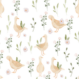 a watercolor pattern of ducks and flowers