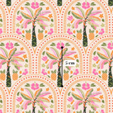The image is a repeating pattern of tropical flowers, palm trees, and other colorful elements arranged in a circular or semi-circular fashion. The pattern is vibrant and visually appealing, with a variety of colors and shapes. The image is approximately 5 centimeters in size.