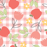 a pattern of apples and flowers on a checkered background