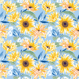 a blue background with yellow and white flowers