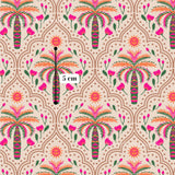a repeating pattern of palm trees, flowers, and sun motifs in shades of pink, orange, and green. The pattern is composed of various shapes and sizes, creating a visually appealing and vibrant design.