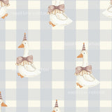 a repeating pattern of cartoon-style ducks wearing party hats and bow ties against a light blue and white checkered background.