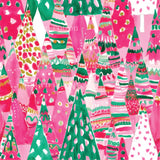 a large group of colorful christmas trees on a pink background