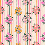 The image is a repeating pattern of pink and orange flowers on a striped background.