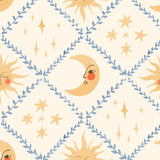 The image is a repeating pattern of sun and moon faces, along with stars and leaves, creating a whimsical and celestial atmosphere.