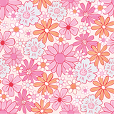 a bunch of pink and blue flowers on a white background
