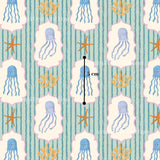 The image is a repeating pattern of blue jellyfish and starfish against a striped background.