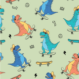 a pattern of dinosaurs riding skateboards and skateboards