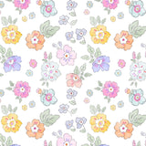 a repeating pattern of various colorful flowers and leaves against a white background.