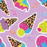 a pattern of party hats on a purple background