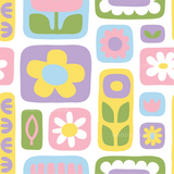 a pattern of flowers and squares on a white background