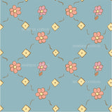 a blue background with pink and yellow flowers