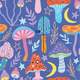 a blue background with colorful mushrooms and stars