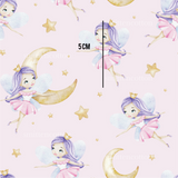 a pink background with a little girl on the moon