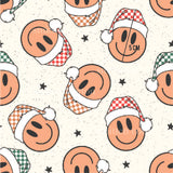 a pattern of pigs wearing santa hats and scarfs