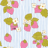 a pattern of strawberries and flowers on a blue and white striped background