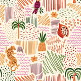 a colorful pattern with animals and plants on a white background