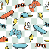a pattern of various items on a checkered background