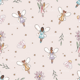a pink background with a pattern of fairy tinkerbells