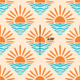 an orange and blue pattern with the sun in the middle
