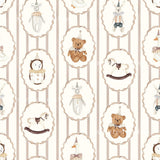 a repeating pattern of various circus-themed illustrations, including teddy bears, rocking horses, and other circus animals.