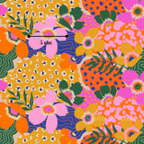 The image is a vibrant and colorful pattern featuring a variety of flowers and leaves in shades of pink, orange, yellow, and green. The pattern is composed of multiple images, creating a visually striking and dynamic design.