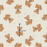 a repeating pattern of brown teddy bears wearing party hats, with a measurement line indicating the size of the teddy bears.