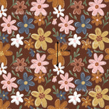 The image is a repeating pattern of various colorful flowers and leaves against a brown background.