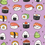 a pattern of sushi on a purple background