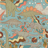 a pattern of dinosaurs and stars on a blue background