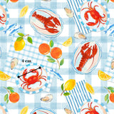The image is a repeating pattern of various seafood items, including lobsters, fish, and oranges, arranged on a blue and white checkered background.