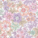 a floral pattern with pink, purple, and green flowers on a white background