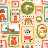 a pattern of dogs and frames on a beige background