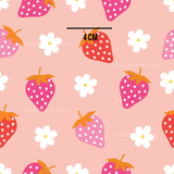a pattern of strawberries and daisies on a pink background
