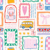 a drawing of a school bus and school supplies