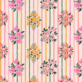 a repeating pattern of pink and orange flowers against a striped background.