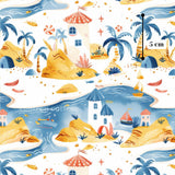 The image is a vibrant and whimsical collage featuring various tropical elements such as palm trees, colorful houses, boats, and other objects set against a backdrop of a blue sky and water.