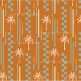 an orange background with palm trees and squares