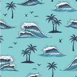 a blue wallpaper with palm trees and waves