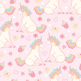 a pattern of unicorns and hearts on a pink background